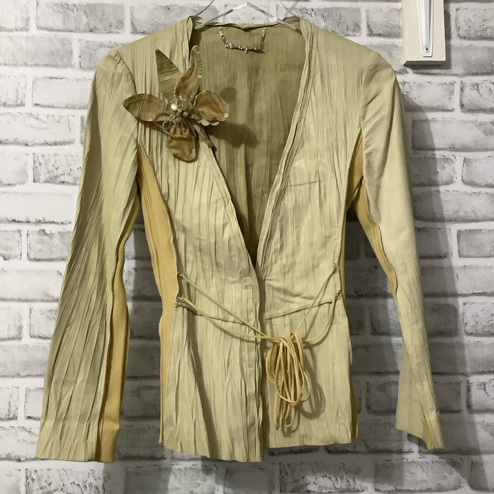 Vintage Unique Pleated Suede Yellow and beige Jacket XS (0214)